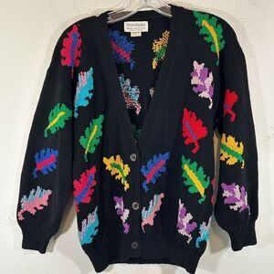 BORDADO LADIES CARDIGAN SWEATER MEDIUM BLACK RED LEAVES FALL TEACHERS DAY CASUAL